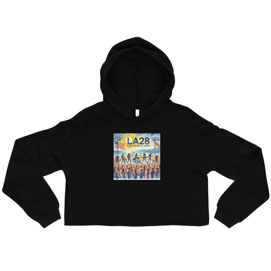 Watercolor Los Angeles Ocean, Beach Scene with LA28 Sign and Live Rock and Roll Band Crop Hoodie