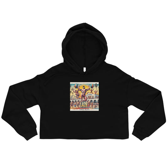 LA28 - Vibrant Muscle Beach Championship - Venice Beach Men's Competition | Southern California Art Crop Hoodie